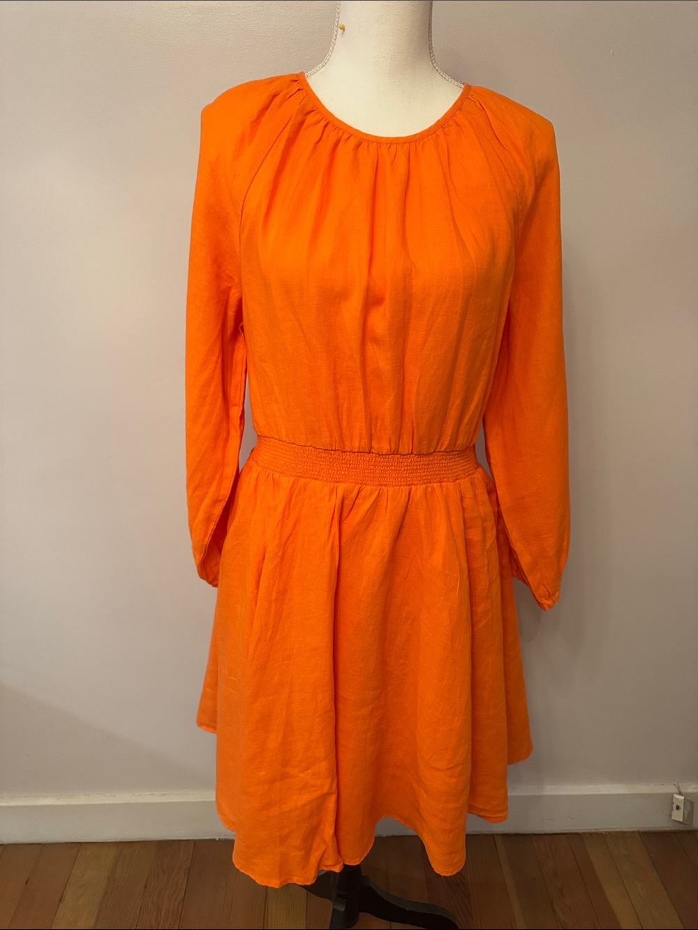 J. Crew Vibrant Orange Long-Sleeve Smocked-Waist Dress